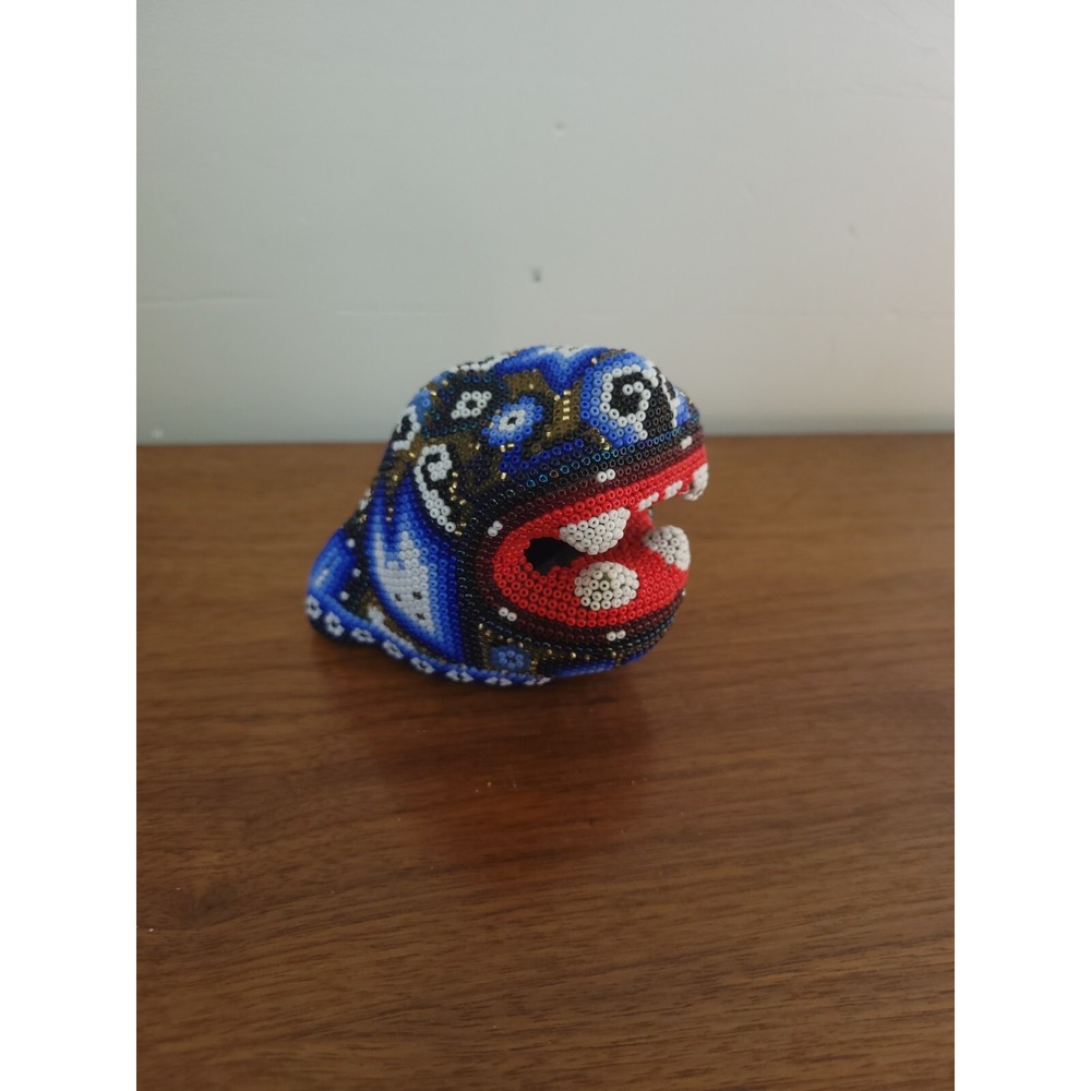 Vintage Huichol Beaded Art Mexican Folk Spirit Jaguar Mask Blue Decor 1689